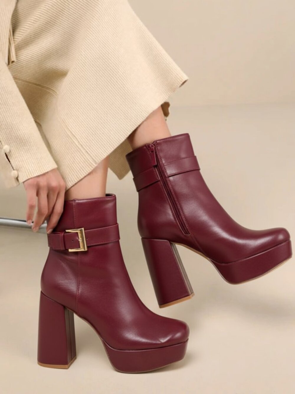 Women’s Platform Ankle Boots Chunky Block Heel Gold Buckle Strap PU Booties